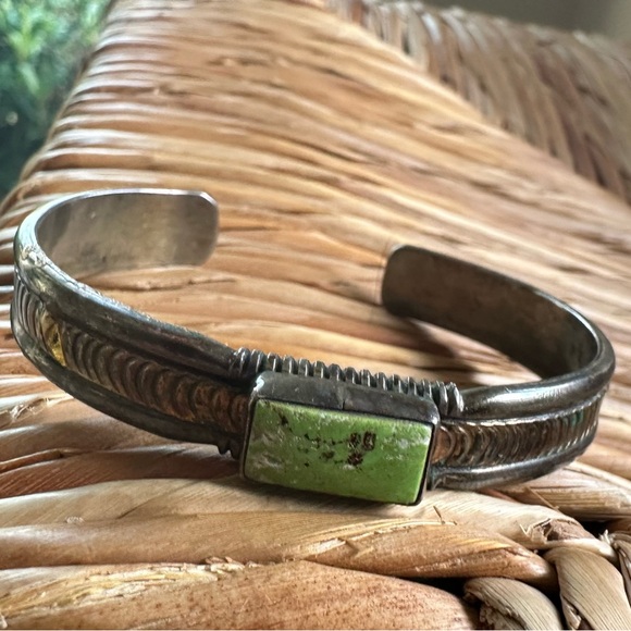 J.W. TOADLENA Sterling 12KGF Green Turquoise Cuff Bracelet Navajo Authentic - Picture 8 of 16